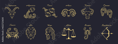 Set of zodiac signs. Symbols and icons of astrology horoscope. Vector illustrations