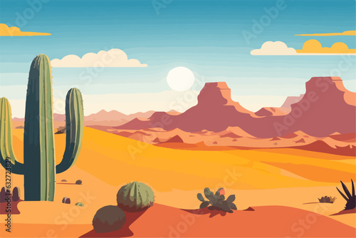 Cartoon desert landscape with cactus  hills  sun and mountains silhouettes  vector nature horizontal background.  