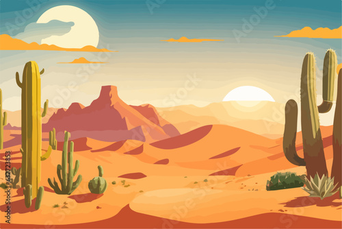 Cartoon desert landscape with cactus  hills  sun and mountains silhouettes  vector nature horizontal background.  