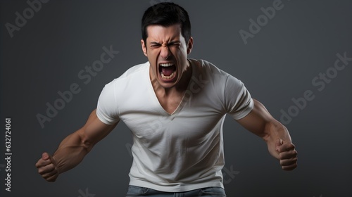 A person, displaying frustration, isolated on neutral color background