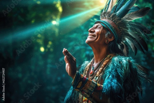 An Indian shaman in a headdress of bright feathers with his hand raised up smiles against the background of a beautiful sunny forest