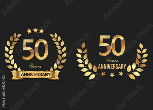 Gold anniversary celebration logo with golden laurel wreath vector illustration