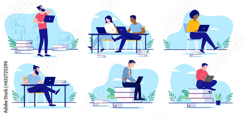 Education and learning collection - Set of vector illustrations with people studying with books and computer. Flat design on white background