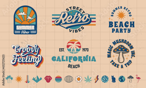 Vintage logo set. Set of 6 retro logo templates and 15 design elements. Prints for t-shirt, typography. Vector illustration	