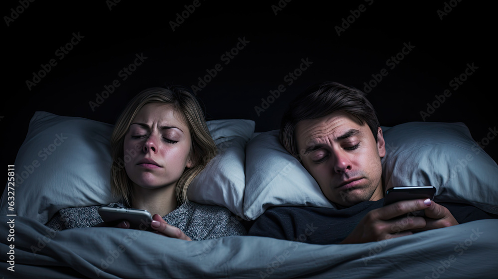siding Couple Couple sleep with smartphones in their bed. Mobile phone addiction. Bored distant couple ignoring each other lying in bed at night while using mobile phones.