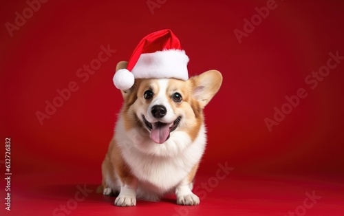 Portrait of a corgi in a New Year's red Santa Claus hat on a red background in the studio. Creative. The concept of Christmas and holidays. New Year's celebration.