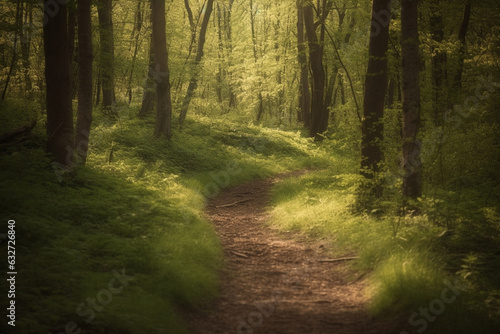 A winding forest path disappearing into the trees, beckoning the viewer to explore. Forest, bokeh 