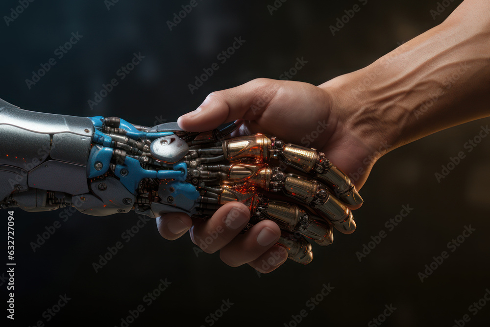 Handshake of man and robot, technology of the future. AI generative. Handshake of man and robot, technology of the future. AI generative.