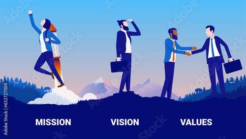Business core values - Illustration of mission vision and values with corporate businesspeople in beautiful landscape. Flat design vector