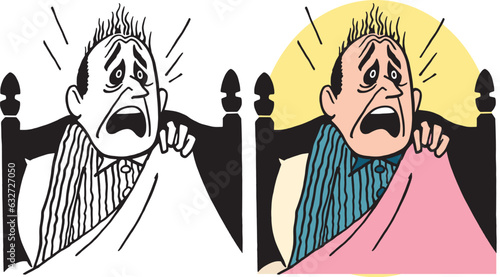 A vintage retro cartoon of a terrified man waking up suddenly from a nightmare. 