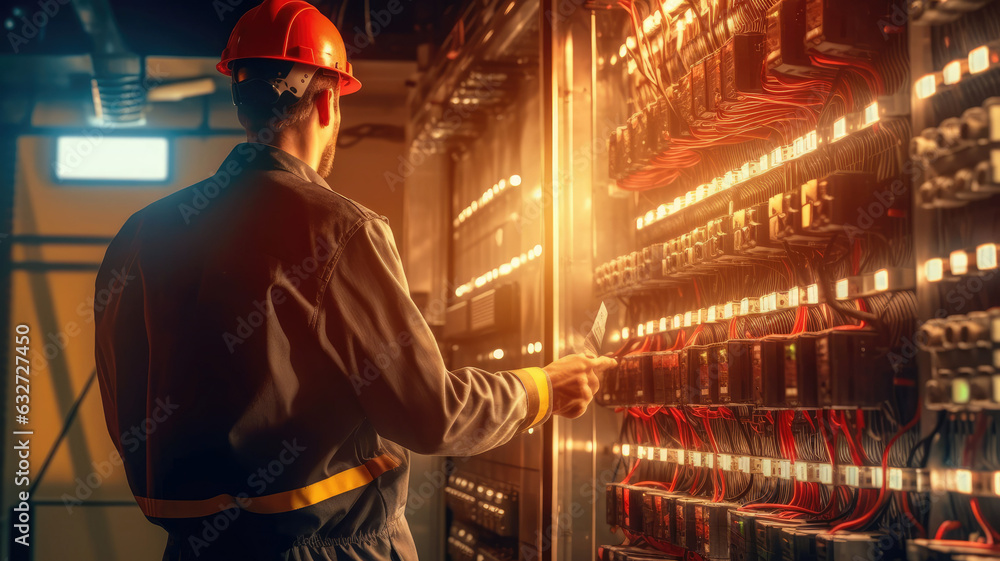 photograph of Electrician engineer tests electrical installations and wires on relay protection system. Bay control unit. Medium voltage switchgear. photograph of Electrician engineer tests electrical installations and wires on relay protection system. Bay control unit. Medium voltage switchgear.