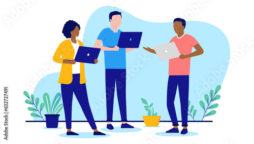 People with computers working - Team of three characters with laptops talking and having discussion at work. Flat design with white background