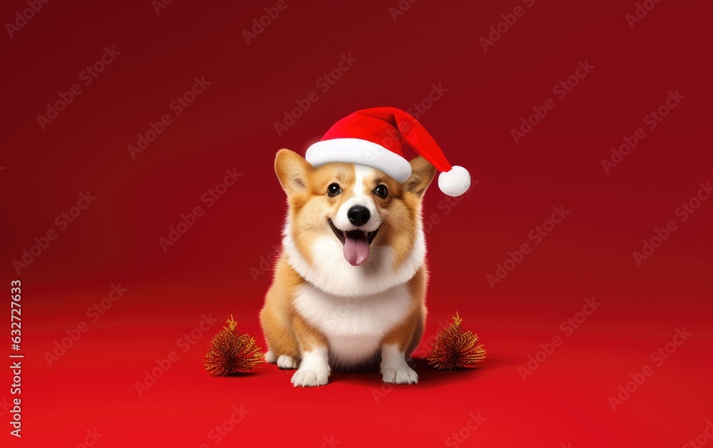 Portrait of a corgi in a New Year's red Santa Claus hat on a red background in the studio. Creative. The concept of Christmas and holidays. New Year's celebration. Portrait of a corgi in a New Year's red Santa Claus hat on a red background in the studio. Creative. The concept of Christmas and holidays. New Year's celebration.