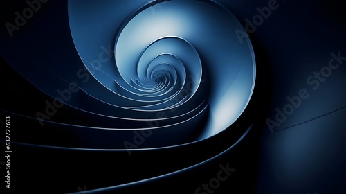 a black and white image of a blue spiral staircase