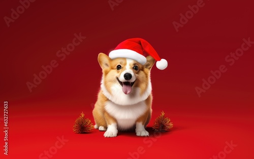 Portrait of a corgi in a New Year's red Santa Claus hat on a red background in the studio. Creative. The concept of Christmas and holidays. New Year's celebration. © AndErsoN