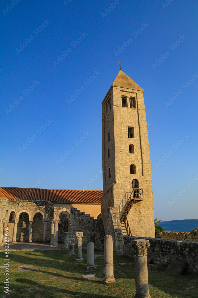 View of the bell towers and towers on the island of Rab