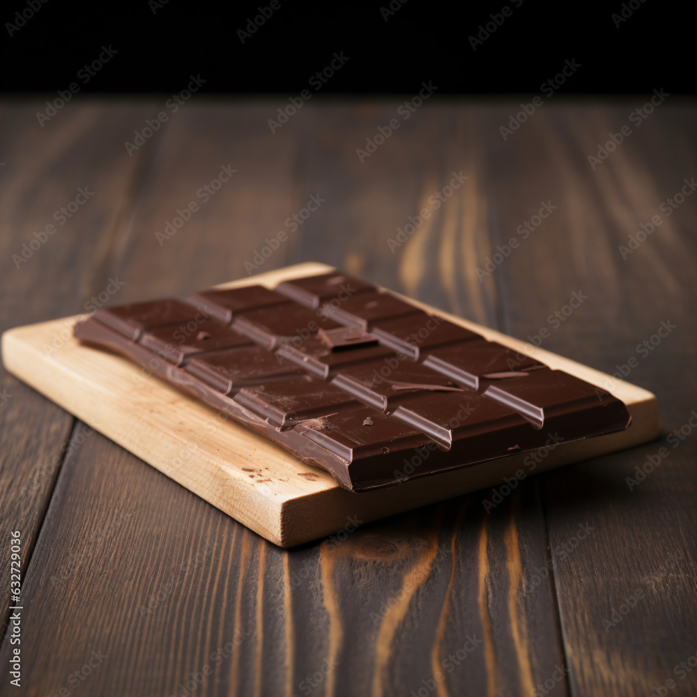 A delicious chocolate bar on a rustic wooden cutting board Generative Ai A delicious chocolate bar on a rustic wooden cutting board Generative Ai