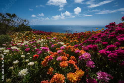 A colorful field of flowers against a backdrop of the serene ocean Generative Ai