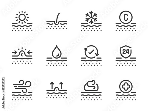 Skin care and Beauty vector line icons. Skin problems and Treatment outline icon set. Skincare, Acne, Protection, Hair, Pimple, Cream, Healthcare and more.