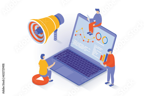 Business and marketing concept in 3d isometric design. People researching data and seo statistic at charts, creating strategy and advertising. Vector illustration with isometry scene for web graphic