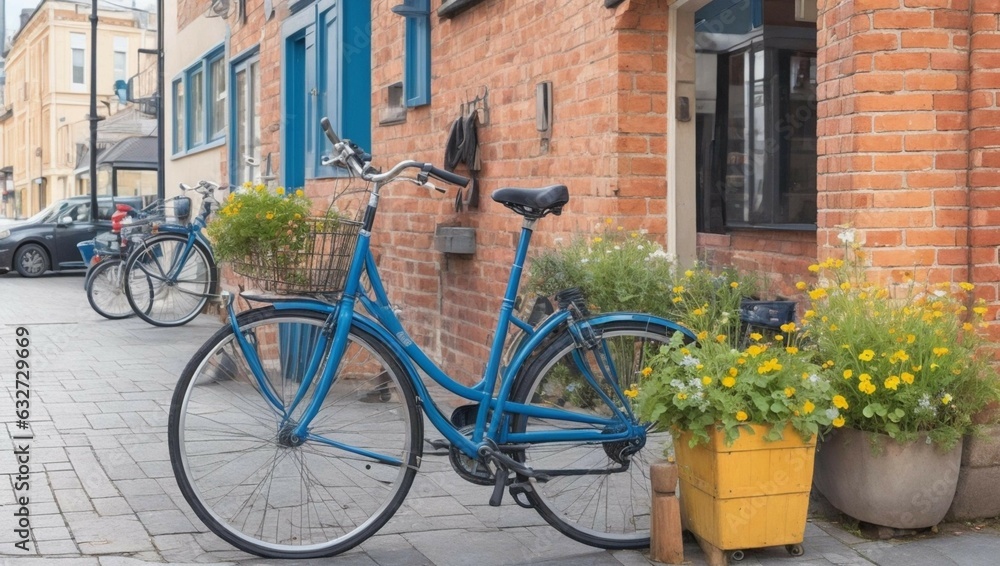a blue bicycle with a basket on the front of a brick building