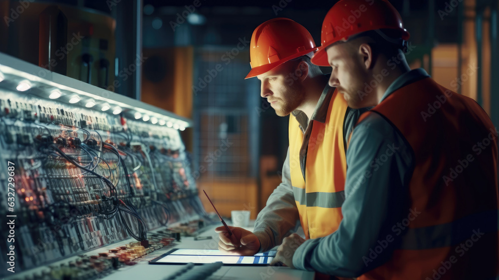 photograph of Two maintenance engineers inspect relay protection system ...