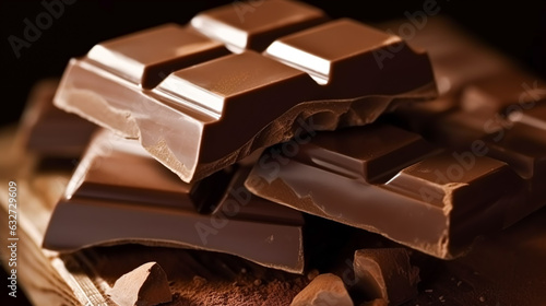 Chocolate, food and sweets, crushed fresh milk chocolates bars, generative ai photo