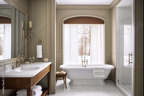 Country bathroom decor  interior design and home improvement  bathtub and bathroom furniture  country cottage style in winter  generative ai