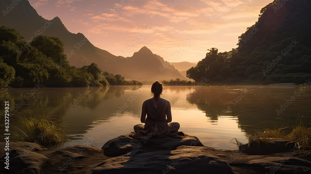 a person meditating in a tranquil natural setting, showcasing the power of mindfulness and finding inner peace. AI generative	