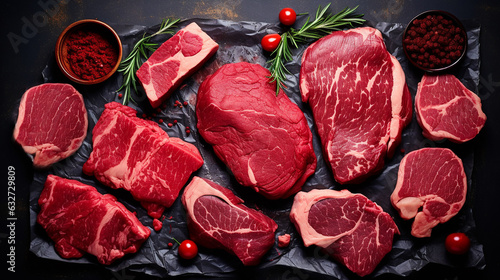 Variety of raw meat, black angus prime beef steaks machete, blade on bone, striploin, ribeye, tenderloin filet mignon on black background, top view copy space