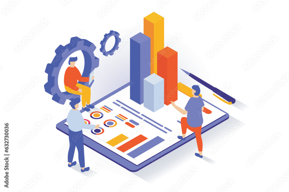 Business and marketing concept in 3d isometric design. People analyzing data on dashboard, developing company, finding solutions for promotion. Vector illustration with isometry scene for web graphic Business and marketing concept in 3d isometric design. People analyzing data on dashboard, developing company, finding solutions for promotion. Vector illustration with isometry scene for web graphic