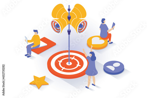 Business and marketing concept in 3d isometric design. People attracting target audiens, using online promotion tools for developing company. Vector illustration with isometry scene for web graphic