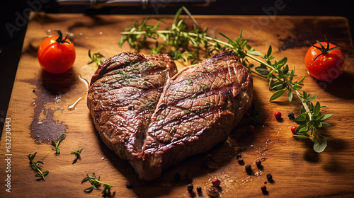 Grilled beef steak in shape of heart for Valentines day on a wooden background top view with copy space