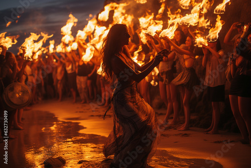 electrifying shot of performers fire dancing near the bonfire, adding a mesmerizing and energetic element to the beach party Generative AI