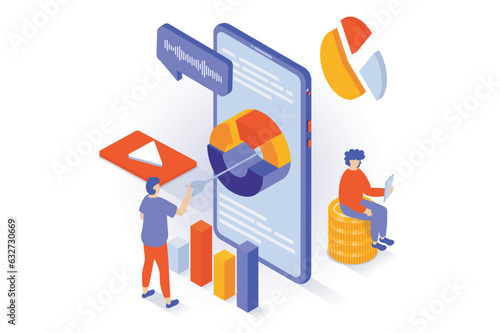 Business and marketing concept in 3d isometric design. People analyzing data company, making report in mobile app, promoting and advertising. Vector illustration with isometry scene for web graphic