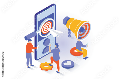 Business and marketing concept in 3d isometric design. People researching market and targeting goals, making promoting and advertising campaign. Vector illustration with isometry scene for web graphic