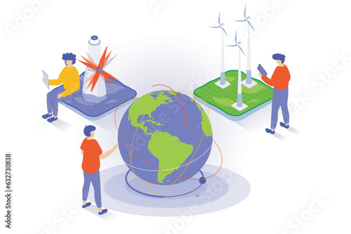 Eco lifestyle concept in 3d isometric design. People using wind turbines stations for saving to save energy sources and protect environment. Vector illustration with isometry scene for web graphic