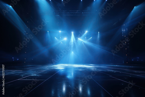Background for advertising, concert stage and blue spotlights. AI generative
