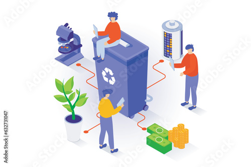 Eco lifestyle concept in 3d isometric design. People collecting and separating garbage, recycle waste, use alternative sources of electricity. Vector illustration with isometry scene for web graphic
