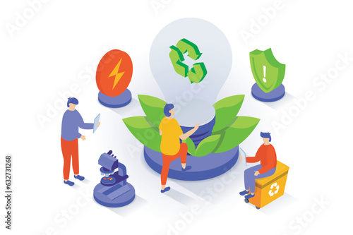 Eco lifestyle concept in 3d isometric design. People using renewable energy resource for generate electricity, recycle garbage, save planet. Vector illustration with isometry scene for web graphic