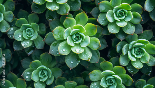 Close up of a green plant, succulent with water drops, background, created using generative AI tools photo