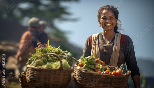 Young woman holding a basket of vegetables. Created by using generative AI tools