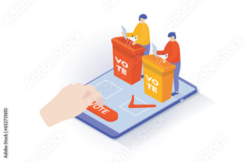 Election and voting concept in 3d isometric design. People vote online and choose political candidate, politicians hold debates and campaigns. Vector illustration with isometry scene for web graphic