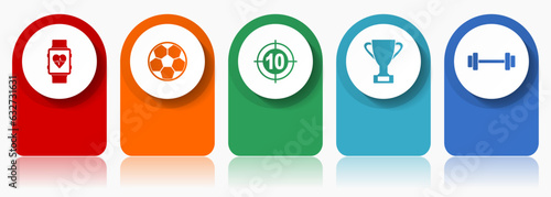 Sport icon set, miscellaneous vector icons such as smartwatch, football, darts, cup and fitness, modern design infographic template, web buttons in 5 color options