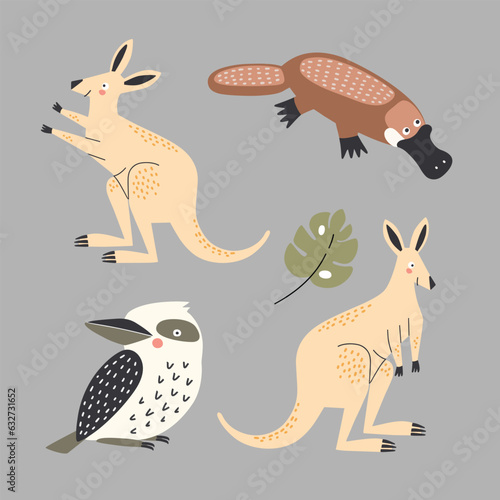 Set of vector illustrations of Australian animals in flat style: platypus, kangaroo and kookaburra bird.