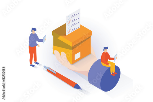 Election and voting concept in 3d isometric design. People choosing their political candidate and vote in elections, putting ballot in box. Vector illustration with isometry scene for web graphic