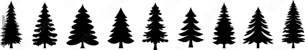 Fototapeta premium Set of Christmas tree vector black icon.Simple flat chriasmas tree collection .Pine tree.