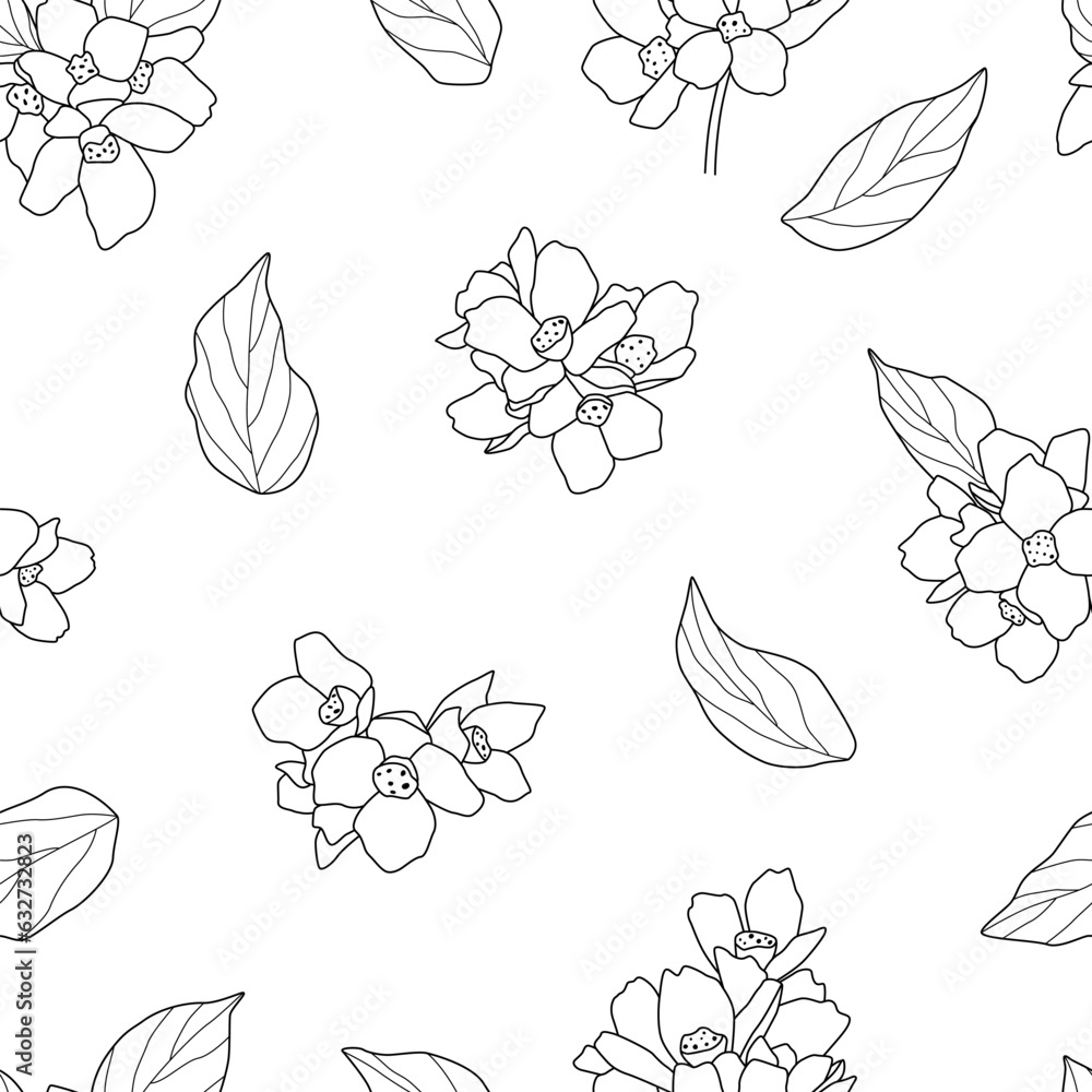 Seamless pattern with leaves and flowers. Outline of plant on white background. Vector illustration for textiles, design. Seamless pattern with leaves and flowers. Outline of plant on white background. Vector illustration for textiles, design.