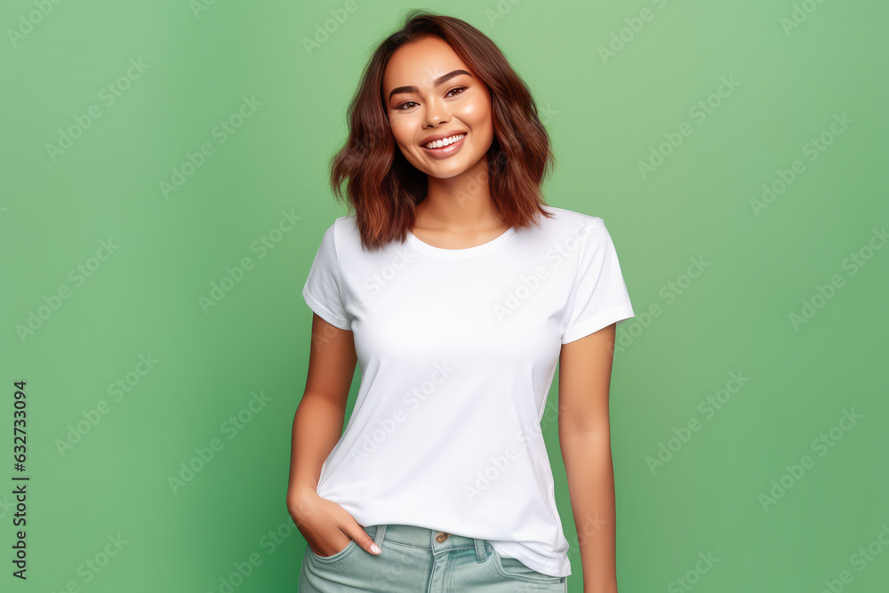 Young woman wearing white t-shirt mockup isolated on green background. Generative AI. Young woman wearing white t-shirt mockup isolated on green background. Generative AI.