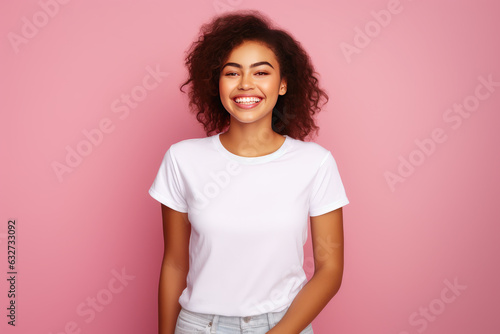 Young woman wearing white t-shirt mockup isolated on pink background. Generative AI.